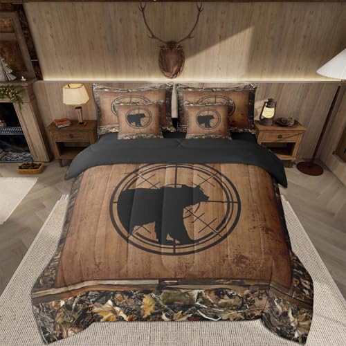 Feelyou Bear Comforter Set with Sheets 7 Piece Queen Size Cabin Farmhouse Bed in a Bag Kids Boys Girls Rustic Bedding Set Wild Animal Leaves Bedroom Decor Nature Wildlife Microfiber - color: Black and Ocher, size: Queen