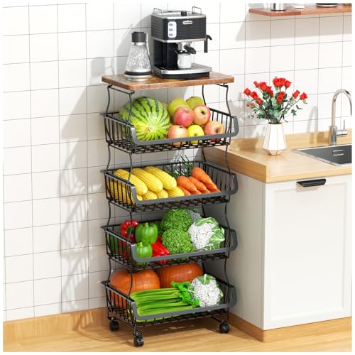 Gsiekare Fruit Vegetable Basket for Kitchen, 5 Tier Stackable Fruit Vegetable Storage Baskets with Wheels, Metal Wire Storage Basket Organizer Baskets for Kitchen, Pantry, Bathroom - color: Black With Wooden Top, size: 5 Tier