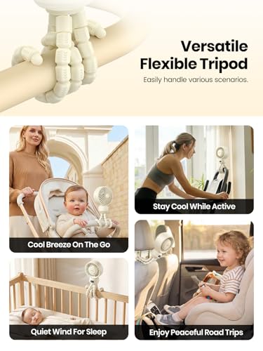 Warmco Portable Stroller Fan, 4000mAh Rechargeable Clip On Fan with Flexible Tripod (Up to 15H), 4 Speeds, LED Display, Detachable Grille, Quiet Operation, for Car Seat, Crib & Treadmill - color: White