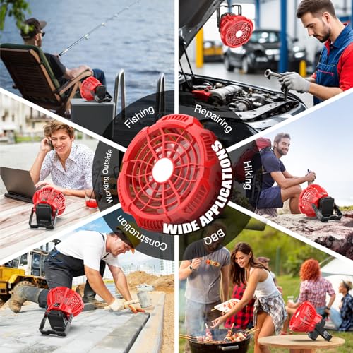 Portable Fan for Milwaukee 18V Battery, Brushless 3-Speed Desk Fan with LED Light, 3300 RPM, 180° Rotating Hook, Camping Fan for Hiking, Jobsite, Tents (No Battery) - color: Red