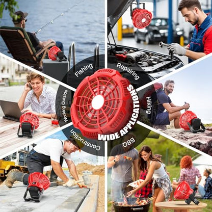 Portable Fan for Milwaukee 18V Battery, Brushless 3-Speed Desk Fan with LED Light, 3300 RPM, 180° Rotating Hook, Camping Fan for Hiking, Jobsite, Tents (No Battery) - color: Red