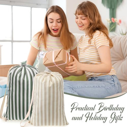 SATINIOR 2 Pcs Stripe College Laundry Bag Green Beige Canvas Travel Laundry Bags with Drawstring Shoulder Straps 29" x 18" Washable Dirty Clothes Hamper Organizer for Dorm Laundromat Apartment Camping - style: Stripe