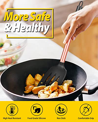 Pack of 2 Silicone Solid Turner, Non Stick Slotted Kitchen Spatulas, High Heat Resistant BPA Free Cooking Utensils, Ideal Cookware for Fish, Eggs, Pancakes(Rose Gold Black) - color: Rose Gold Black