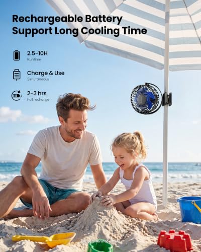Gaiatop Portable Clip on Fan Battery Operated, Small Powerful 3 Speed Quiet 360° Rotate, USB Rechargeable Mini Personal Cooling Fan for Desk Table Home Office Stroller Camping Women Gifts Black Blue - color: black blue