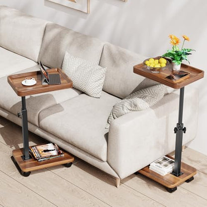 C Table End Table Adjustable Height, 360°Swivel TV Tray Table for Small Spaces, Side Tables with Wheels for Living Room and Bedroom, Bed (Walnut) - color: Walnut-height Adjustable