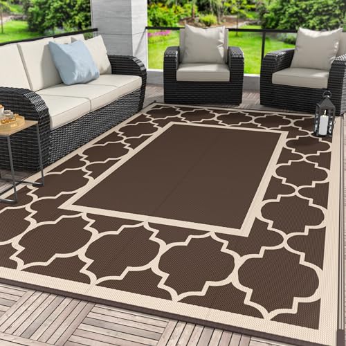 GENIMO 4 ' x 6 ' Outdoor Rug for Patio Clearance, Waterproof Indoor Outdoor Plastic Straw Rugs Carpet, Reversible Outside Area Rv Mat for Camping, Balcony Porch, Deck, Picnic, Beach (Coffee & Beige) - color: Coffee&beige, size: 4' x 6' (Rectangular)