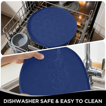 Comtim Waterproof Dog Food Mat - 2 Pack Silicone Pet Food Mat Dog Food Bowl Mats Cat Water Mats Eating Tray, Non-Slip Pet Placemat with Lip for Messy Drinkers to Protect Floor,Navy Blue 11"×11" - color: Navy Blue