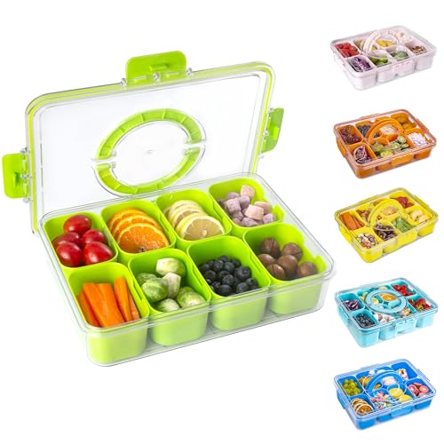 WACOI Divided Snack Serving Tray with Lid and Handle Travel Snackle Charcuterie Container Portable Storage Organizer for Candy, Fruits, Nuts, Snacks, Party, Picnic (1pack, Green) - color: Green, size: 1 Pack-8 Compartments