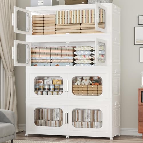 200Gal Exra Large Stackable Storage Bins with Lid, 800QT Collapsible Storage Box with 6x Wheels, Folding Plastic Cabinet Container with Door Drawer for Home Kitchen Office Dorm, 4Pack White - color: White, size: 200Gal-4Pack