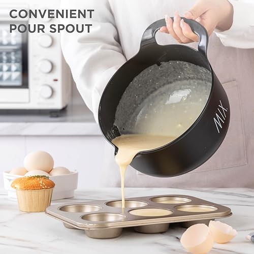 Rae Dunn Non-Slip Mixing Bowls - 4 Piece Nesting Plastic Mixing Bowl Set with Pour Spouts and Handles-Measurement Markings (Black) - color: Black