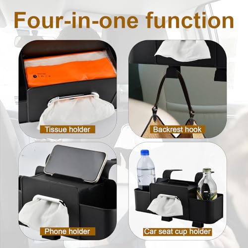 Back Seat Car Organizer, Multifunctional Car Seat Back Storage Box with Hook Tissue Box Cup Holder can Hold Phone Drinks Handbag fits Most Vehicles(COLOR:Black)