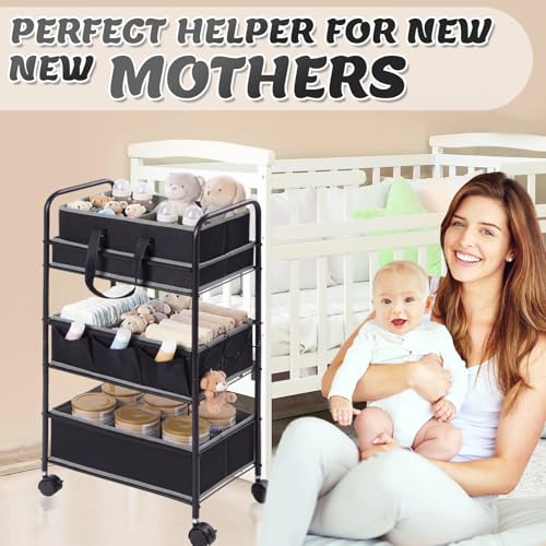 Honeydak 2in1 Baby Diaper Caddy Organizer Cart 3 Tier Large Capacity Metal Utility Bedside Rolling Cart with Divider Newborn Registry Nursery Essential Must Have Crib Bedroom Baby Shower(Black) - color: Black