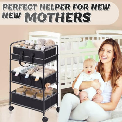 Honeydak 2in1 Baby Diaper Caddy Organizer Cart 3 Tier Large Capacity Metal Utility Bedside Rolling Cart with Divider Newborn Registry Nursery Essential Must Have Crib Bedroom Baby Shower(Black) - color: Black