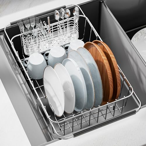 JAQ Over Sink Dish Drying Rack, Expandable 14.96"–22.44" Adjustable Dish Rack for Kitchen Sink, 304 Stainless Steel Dish Drainer with Utensil Holder, Space Saving for Most Standard Kitchen Sinks - size: 304 Stainless Steel - 11 dishes