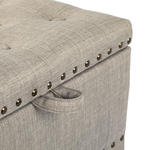 Adeco 18 Inch High Cube Ottoman Storage, Linen Beige Chair Foot Stools with Tray, Upholstered Vanity Stool with Solid Wood Legs - color: Beige With Nails