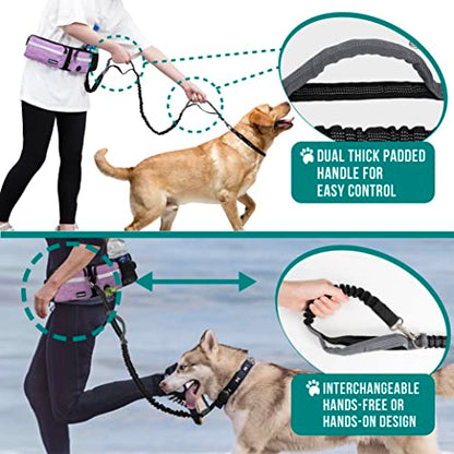 PetAmi Hands Free Dog Leash, Running Leash Belt Bag for Walking, Jogging, Waist Double Zipper Pouch with Poop Dispenser, Dual Padded Handles Reflective Bungee Single, Purple, 1 Leash - color: Purple, size: 1 Leash