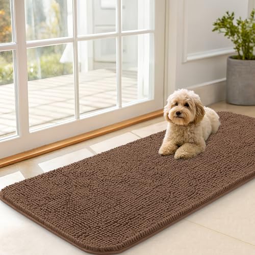 OLANLY Dog Door Mat for Muddy Paws 47x20, Absorbs Moisture and Dirt, Absorbent Non-Slip Washable Doormat, Quick Dry Chenille Mud Mat for Dogs, Entry Indoor Entryway Carpet for Inside Floor, Mocha - color: Mocha, size: 47" X 20"