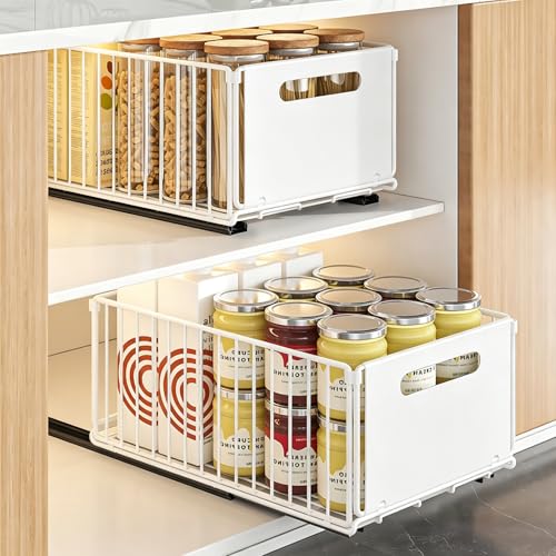 2 Pack Pull Out Cabinet Organizer, Heavy Duty Slide Out Drawer with No Drill Adhesive or Screw Mount, Carbon Steel Roll Out Shelf for Kitchen Cabinet, Pantry & Bathroom Storage - color: White-2PC, size: 14.8"D X 9.6"W X 7.48"H