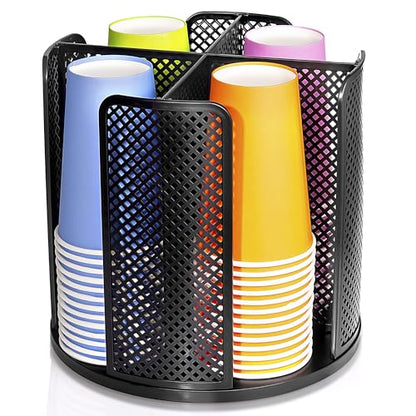 Rotating Paper Cup Dispenser, Cup Holder with 4 Compartments, Disposable Coffee Cup Dispenser Removable, Plastic Cup Storage & Lid Holder for Countertops, Kitchen, Coffee Stations (Black) - color: Black