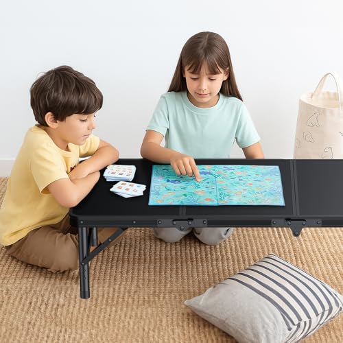 Folding Camping Table, 34.2"x15.7" 3 Adjustable Height Max 27.5" | Picnic Table Matte Black Aluminum Folding Table with Handle for Party, Dining, Garden, Patio, Market - style: 3-Fold MDF Tabletop