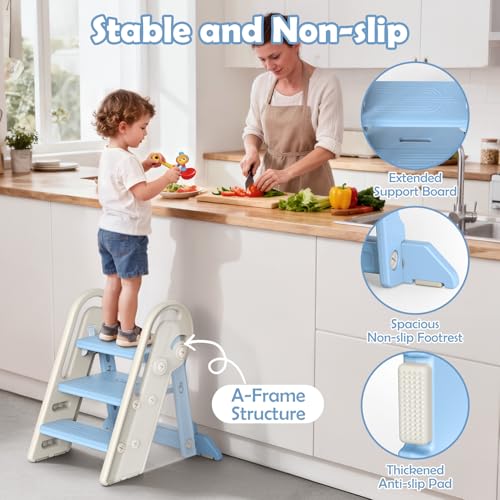 Onasti Toddler Step Stool with Handles, Adjustable Kids Stool Converts from 3-Step to 2-Step, Non-Slip and Anti-Tip Design for Safer Potty Training, Bathroom Sink and Kitchen Counter- Blue - color: Baby Blue