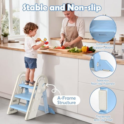 Onasti Toddler Step Stool with Handles, Adjustable Kids Stool Converts from 3-Step to 2-Step, Non-Slip and Anti-Tip Design for Safer Potty Training, Bathroom Sink and Kitchen Counter- Blue - color: Baby Blue