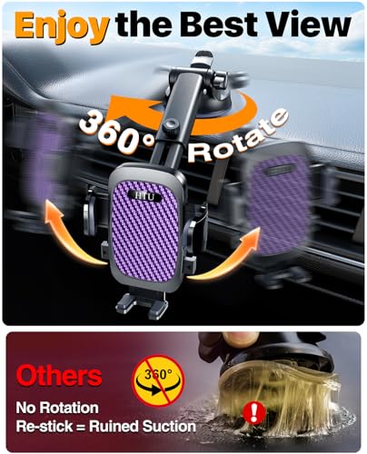 HTU 2026 Ultimate Best【True Military-Grade & Safety Cert】Car Phone Holder【Upgraded 360 Rotation & 100+LBS Strongest Suction】5-in-1 Truck Windshield Dashboard Vent Mount Stand for iPhone Android,Purple - color: Purple