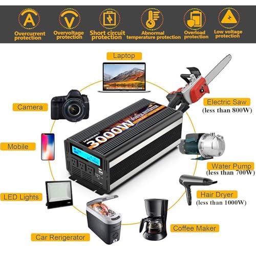 3000W Power Inverter 12V DC to AC 110V/120V (Peak) 6000W Converter 3 sockets car Inverter with Remote Control and LED Display 3.4A USB Port - size: 12v-3000W