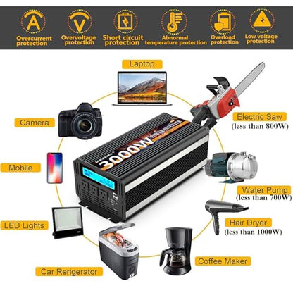 3000W Power Inverter 12V DC to AC 110V/120V (Peak) 6000W Converter 3 sockets car Inverter with Remote Control and LED Display 3.4A USB Port - size: 12v-3000W