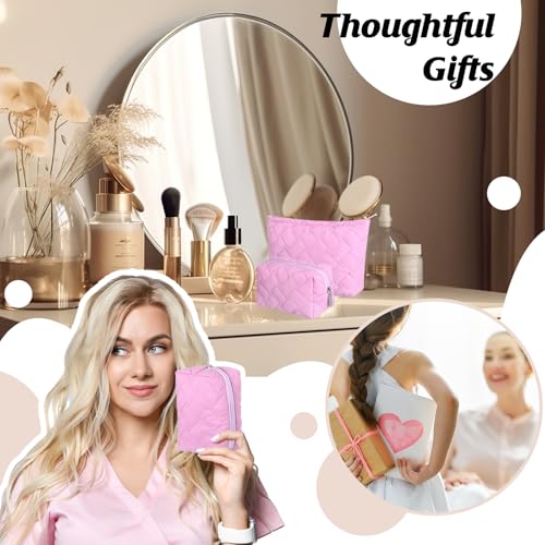 Huhumy 2 Pc Makeup Bag Set Cute Quilted Cosmetic Pouch for Women Travel Toiletry Bag Preppy Small Makeup Purse Pouch Skincare Brushes Storage Organizer Pencil Case Set(Knitted,Quilted,Rose Pink) - color: Rose Pink, style: Knitted