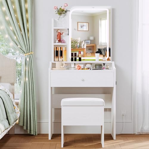 LIKIMIO Small Makeup Vanity Desk with Mirror and Lights, Vanity Table Set with Storage Drawer, Chair and Three Shelves, Bedroom, White - color: White
