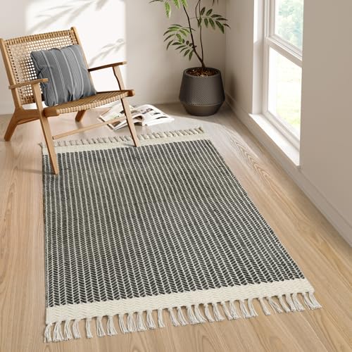 Lahome Belle Boho Living Room 3x5 Washable Rugs for Entryway Lightweight Woven Grey Mat with Tassels, Farmhouse Bathroom Rug Non Shedding Area Carpet for Bedroom Office Camper RV Decor - color: Grey, size: 3' x 5' (Rectangular)