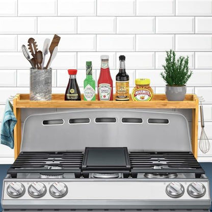 Mount Walker Bamboo Over the Stove Spice Rack, Stove Shelf with 6 Hooks for Back of Stove, 31.5" Kitchen Counter Shelf, Heat-Resistant, Kitchen Countertop Shelf for Spice Organization - color: Bamboo