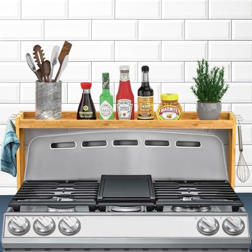 Mount Walker Bamboo Over the Stove Spice Rack, Stove Shelf with 6 Hooks for Back of Stove, 31.5" Kitchen Counter Shelf, Heat-Resistant, Kitchen Countertop Shelf for Spice Organization - color: Bamboo