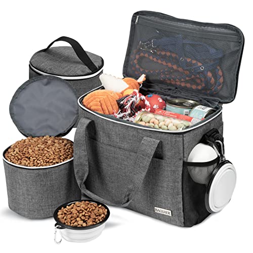 BAGLHER Dog Travel Bag Backpack Pet Supplies Backpack Pet Accessories Storage Bag 5-Piece Set With Shoulder Strap 2 Lined Pet Food Containers 4 Foldable Feeding Bowls Essential Kit for Pet travel - color: Grey, size: Medium