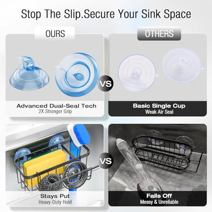 3-in-1 Kitchen Sink Caddy Organizer with Sponge Holder, Brush Holder, Extra Rack for Scrubber, Sink Stopper, Dish Cloth Hanger - Strong Dual Suction Cup, 2.0mm SUS304 Stainless Steel - Black - color: Black