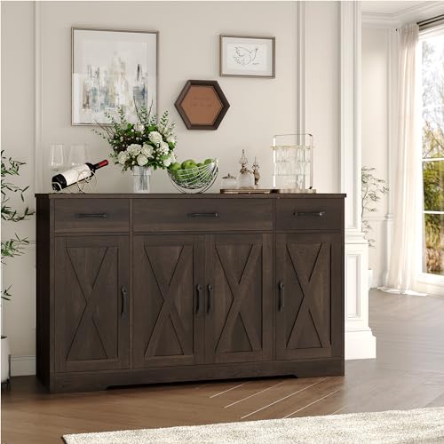 HOSTACK Buffet Cabinet with Drawers, 55" Large Sideboard Buffet Storage Cabinet with Shelves and Doors, Modern Farmhouse Coffee Bar Station Wood Kitchen Table for Kitchen, Dining Room, Dark Brown - color: Dark Brown