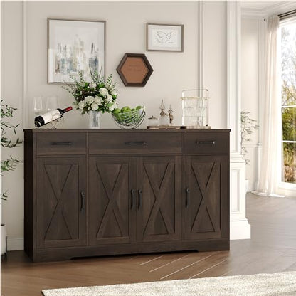 HOSTACK Buffet Cabinet with Drawers, 55" Large Sideboard Buffet Storage Cabinet with Shelves and Doors, Modern Farmhouse Coffee Bar Station Wood Kitchen Table for Kitchen, Dining Room, Dark Brown - color: Dark Brown