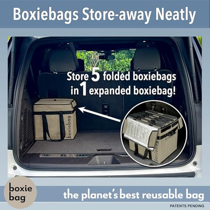 Boxiebag Reusable Grocery Bag (Single) – Durable Reusable Shopping Bag Box. Insulate, Stand Up, Stay Open, Fold Flat – Large Tote Bag with Long Handles & Reinforced Bottom.