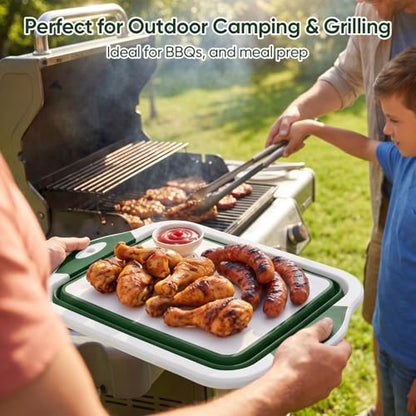 Collapsible BBQ Prep Tub with Lid, Foldable Camping Sink with Colander, Cutting Board, Dish Basin for Kitchen, Bowl, Vegetable and Fruit, Storage Basket for Picnic-Green - color: Green