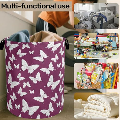 Purple Butterfly Silhouette Laundry Basket with Handles - Extra Large Foldable Hamper for Bathroom/Laundry/Bedroom/Dorm, Washable Fabric Storage Bin - color: Purple Butterfly Silhouette