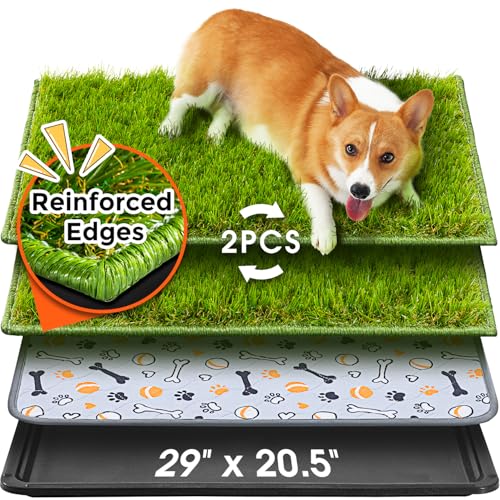 Hompet Dog Grass Pad with Tray Large, 29"x20.5", 2 Reusable Artificial Turf for Dogs Potty, Waterproof Non-Slip Washable Pee Pads, Quickly Absorbency Portable Dog Litter Box for Indoor/Outdoor Use - color: Black, size: 29 x 20.5"