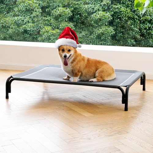Elevated Dog Bed Raised Outdoor Dog Cot for Medium Dogs, Installation Requires No Tools, Frame with Washable Cooling Breathable Mesh Anti-Slip Feet, Indoor Pet Bed, Grey, 35.4 Inches - color: Grey, size: M-35.4"L×25.6"W×7.9"Th