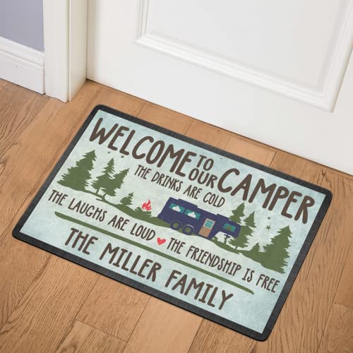 Personalized Welcome to Our Camper Doormat - Custom Family Name The Drinks are Could The Laughs are Loud The Friendship is 16 x 24 inches - color: Style 2