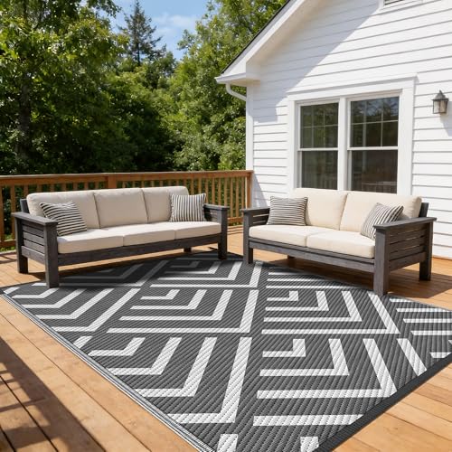 Kohree Outdoor Rug 9x12 Reversible, Waterproof Outdoor Plastic Straw Rug RV Patio Mat, Non-Slip Easy-Cleaning RV Outdoor Mat Carpet for Deck, Patio, Camping, Balcony, Deck, Backyard (Grey & White) - color: Grey & White(wave), size: 9' x 12' (Rectangular)
