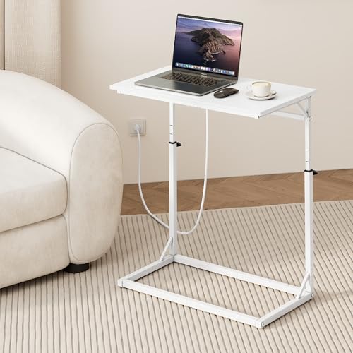 Vagusicc C Shaped End Table with Charging Station, C-Table End Table Adjustable Height Side Table for Couch, Large Couch Table, Slide Under Sofa Table TV Tray Arm Table for Living Room, Bedroom, White - color: White, style: With Plug