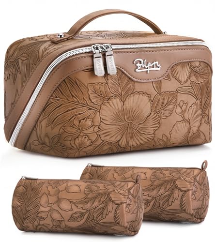 BOYATU Travel Makeup Bags Cosmetic Organizer Bag: 3-Set Large Capacity Make up Bag - PU Leather Toiletry Bags for Women - Wide Open Portable Pouch with Divider & Handle (01-Z-Brown) - color: 01-Z-Brown