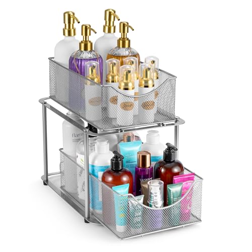 Sorbus 2 Tier Metal Under Sink Organizer for Bathroom, Kitchen, Strong Steel Mesh Sliding Drawers for Under Sink, Under Cabinet, Closet, Kitchen, Pantry, Bathroom Organizers and Storage (Silver) - color: Silver, size: 1 Pack