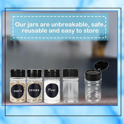 60 Pack 2.7 oz Plastic Spice Jars with Black Lids and Labels Empty Spice Bottles Clear Seasoning Shaker Containers for Kitchen Travel Camping