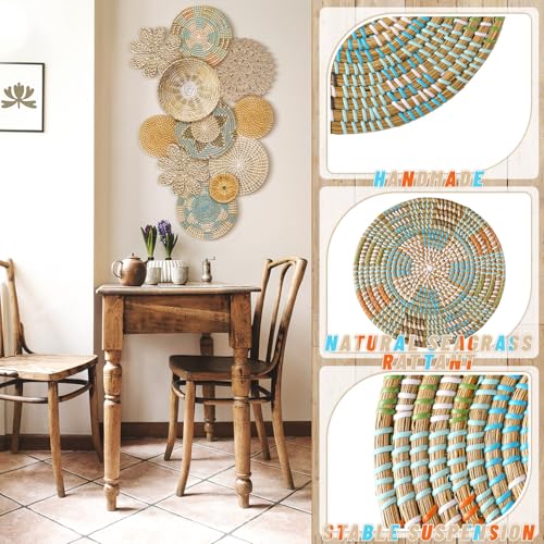11 Pcs Boho Hanging Wall Basket Decor Handmade Woven Basket Wall Decorative Boho Wicker Baskets Placemats Round Farmhouse Bulrush Art for Rustic Home Decorations Christmas Gift(Bright) - style: Bright